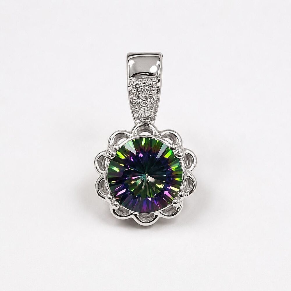Mystic Topaz Round Concave Gemstone Pendant 14kt White gold